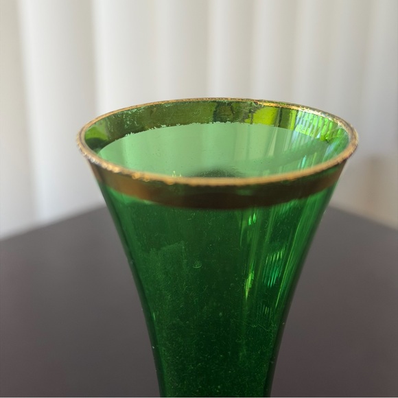 Vintage Emerald Green Glass Vase Gold Rim Hand Painted Flowers Czech Bohemian - Picture 3 of 14